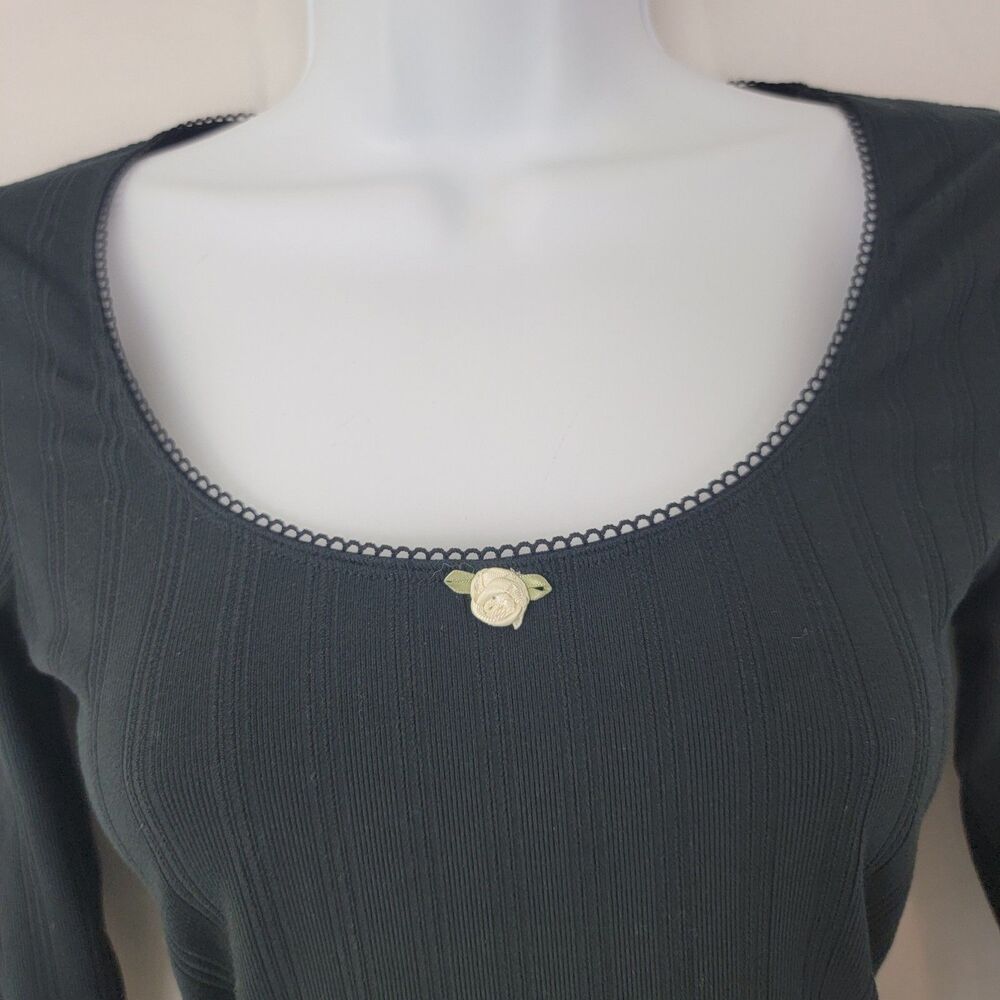 HOLLISTER Womens Crop Top S Ribbed Black Rose Dainty Trim Ballet Coqeutte Y2K
